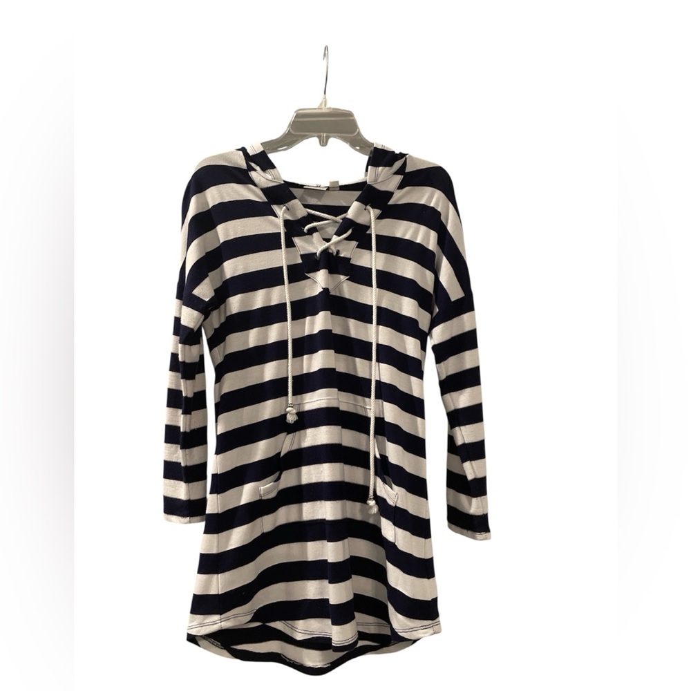 Beach Break Women’s Navy and White Striped Hooded Tunic Size Small